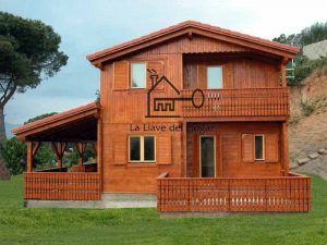 casa de troncos rectos modelo Peñalara con terraza y porche integrados